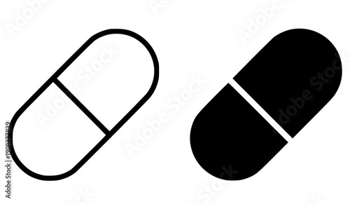 Health and medical icon, vector illustration of capsule, black and white in outline and silhouette design