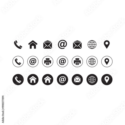 Collection of black communication and location icons arranged in a grid pattern