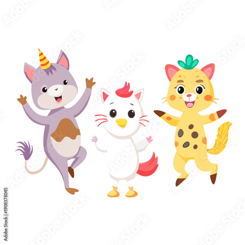 Set of cute cartoon characters in dub dance poses. Hand drawn unicorn, cat, chicken, cow doing dabbing. Vector Illustrator for kids isolated 
