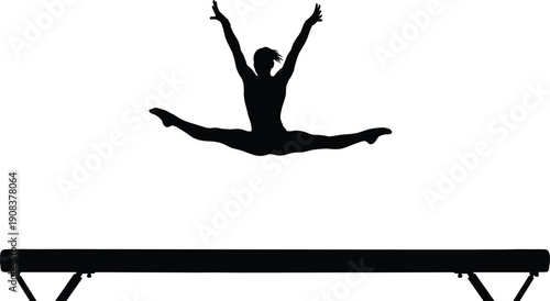 Black silhouette of a female gymnast performing an athletic split jump over a balance beam isolated on white background vector