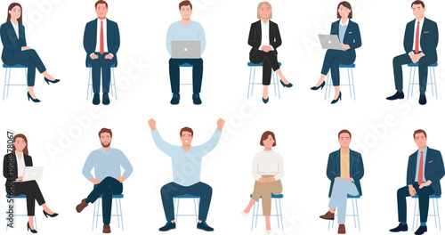 Diverse business people sitting on chairs in interview positions, professional men and women characters, corporate teamwork, recruitment concept, modern flat illustration style