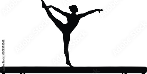 Black silhouette of a female gymnast performing a graceful balance pose on a beam isolated on white background vector