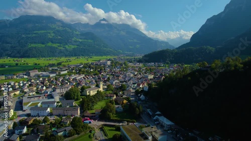 Aerial view of the city Niederurnen in Switzerland on a sunny day in summer. 