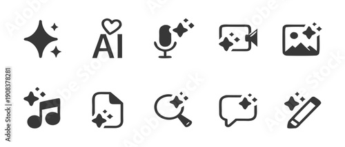 Modern generative AI icon set. Generate symbols with sparkle. Artificial Intelligence line icon element for UI design, website, and apps. Vector illustration.