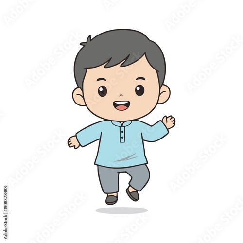 Delightful illustration of a cheerful young boy in traditional festive attire, happily celebrating a cultural holiday, embodying joy and innocence with a vibrant smile