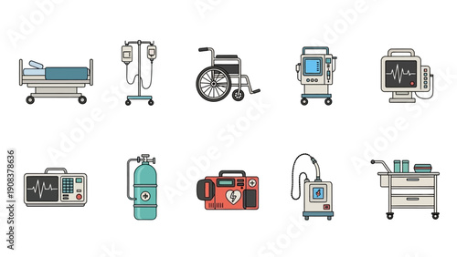 Medical Equipment Icons Hospital Care Devices.