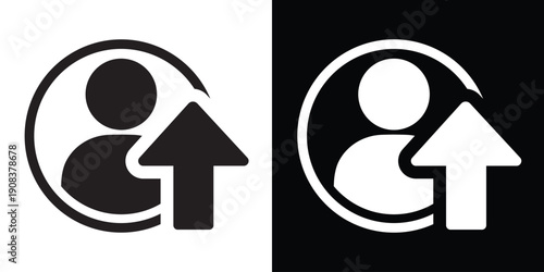 Human avatar profile icon with a rising arrow. Represents user growth, account upgrade, level up, promotion, and personal development. Modern vector for social media and member apps.