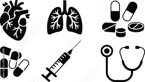 Vector, black, icon, set, of, medical, healthcare, elements, including, human, heart, lungs, pills, capsules, syringe, and, stethoscope, for, pharmacy, hospital, and, wellness, design, projects