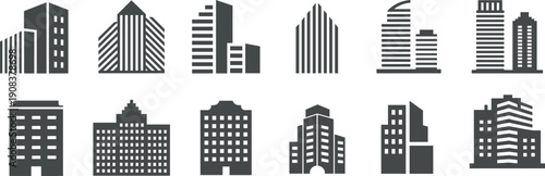 Flat vector illustration of diverse architectural building icons in black and white representing urban cityscape, real estate, construction, planning, design, development