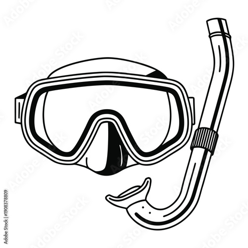 Black and white diving mask with attached snorkel tube and mouthpiece snorkeling
