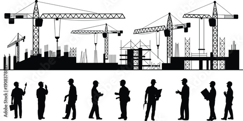Vector, black, silhouette, illustration, of, a, large, construction, site, with, cranes, and, engineers, in, 