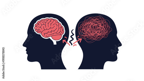 Conceptual illustration showing two human heads representing the contrast between a healthy organized brain and a state of mental confusion or anxiety.