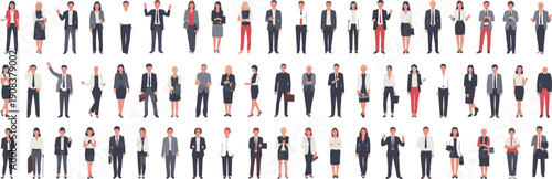 Flat vector illustration of diverse business professionals in formal attire standing in multiple rows symbolizing workplace diversity, teamwork, collaboration, communication, succes