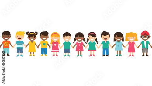 Group of diverse children from different ethnic backgrounds holding hands and standing in a long line to demonstrate global friendship and unity for kids.