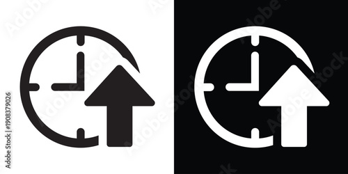 Minimalist clock icon with an upward arrow, representing overtime, fast performance, time efficiency, and scheduling progress. Vector symbol for productivity and deadline management.