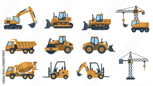 Construction Vehicles and Equipment Set Illustration.
