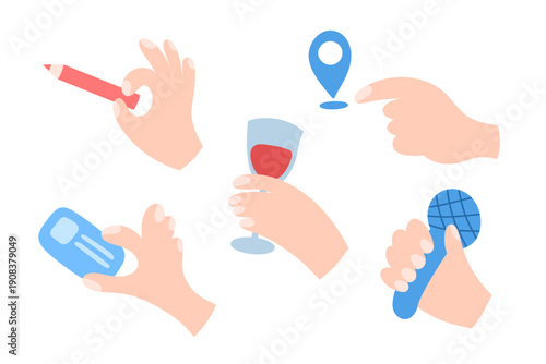 Hands set in cartoon flat style. Location, karaoke, drinking and other gestures