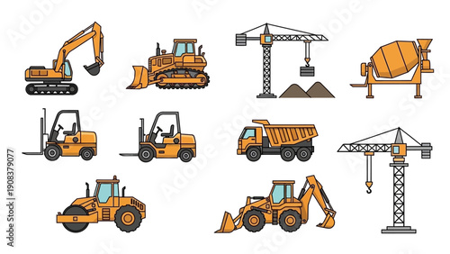 Collection of Heavy Construction Machinery Vehicles.