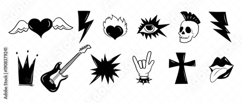 Punk rock music grunge elements in emo gothic style, Doodle set marker scribbled graffiti stickers, Hand drawn tattoo punk rock vector illustrations.