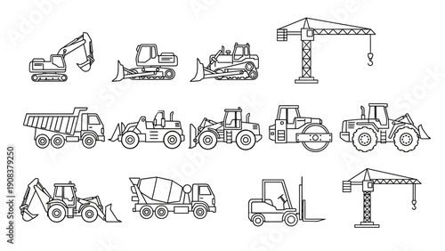 Construction Equipment Vehicles Machinery Line Drawings.