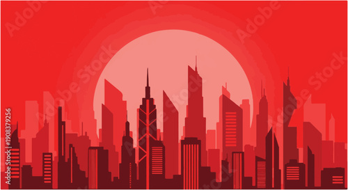 Vector illustration of a red London skyline silhouette featuring urban architecture and city skyscrapers against a sunset sky panorama