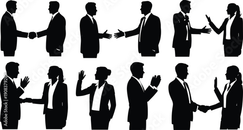 Vector, black, silhouette, illustration, set, of, business, men, and, women, shaking, hands, greeting, and, negotiating, for, corporate, partnership, deal, agreement, and, networking, design, elements
