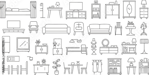 Minimal line art furniture icons collection featuring bedroom, living room, dining and office interior elements in blue outline style for modern home design projects