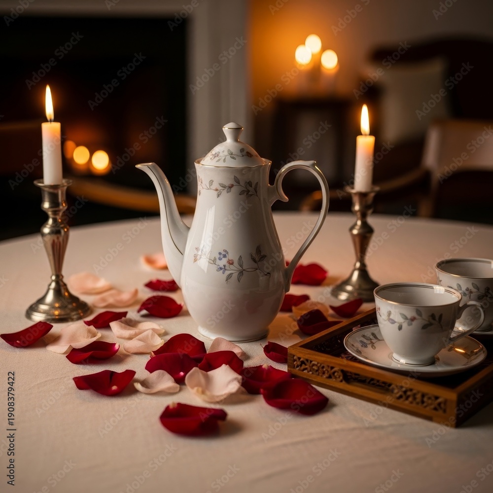 Fototapeta premium Romantic tea setup with rose petals and candles on elegant table