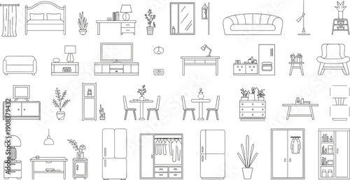 Minimal blue line furniture icon set showing bedroom living room kitchen office elements for interior design, home decor planning, vector illustration collection