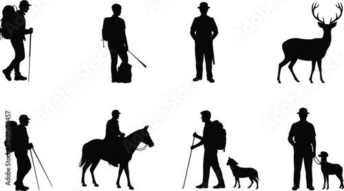 Vector, black, silhouette, illustration, set, of, hikers, hunters, and, travelers, with, dogs, horses, and, wildlife, for, outdoor, adventure, camping, nature, and, recreation, design, elements