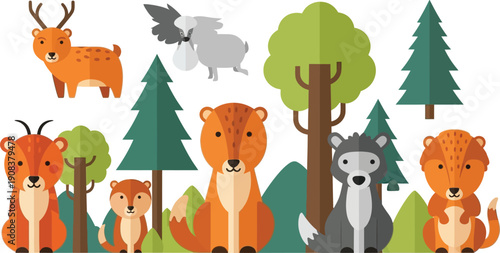 A banner of various stylized woodland animals including deer, foxes, bears, and a wolf stand among green trees and bushes.