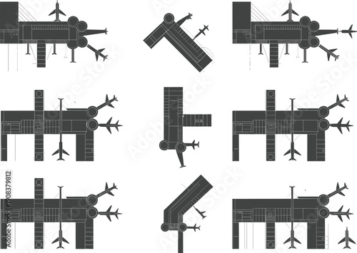 Vector, black, silhouette, illustration, set, of, various, airport, terminal, floor, plans, with, airplanes, parked, at, gates, for, travel, aviation, and, logistics, design, elements