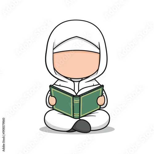 Cute Cartoon Style Muslim Girl Reading a Book Illustration