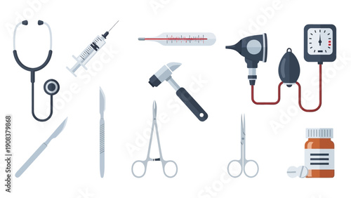 Medical Instruments and Equipment on White Background.