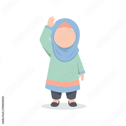 Simple Flat Illustration Little Girl Wearing Hijab Waving Hand Character