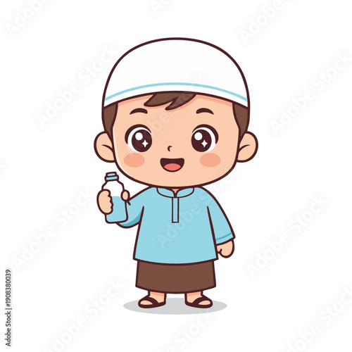 Cute cartoon Muslim boy in traditional Islamic attire, cheerfully holding a bottle of milk, symbolizing joy and celebration during Ramadan or Eid festivities