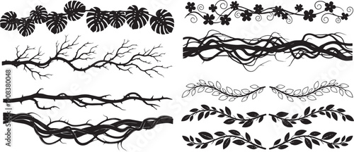 Diverse collection of botanical decorative borders, showcasing elegant natural elements like intricate leafy vines, rustic thorny branches, and organic foliage for various design projects
