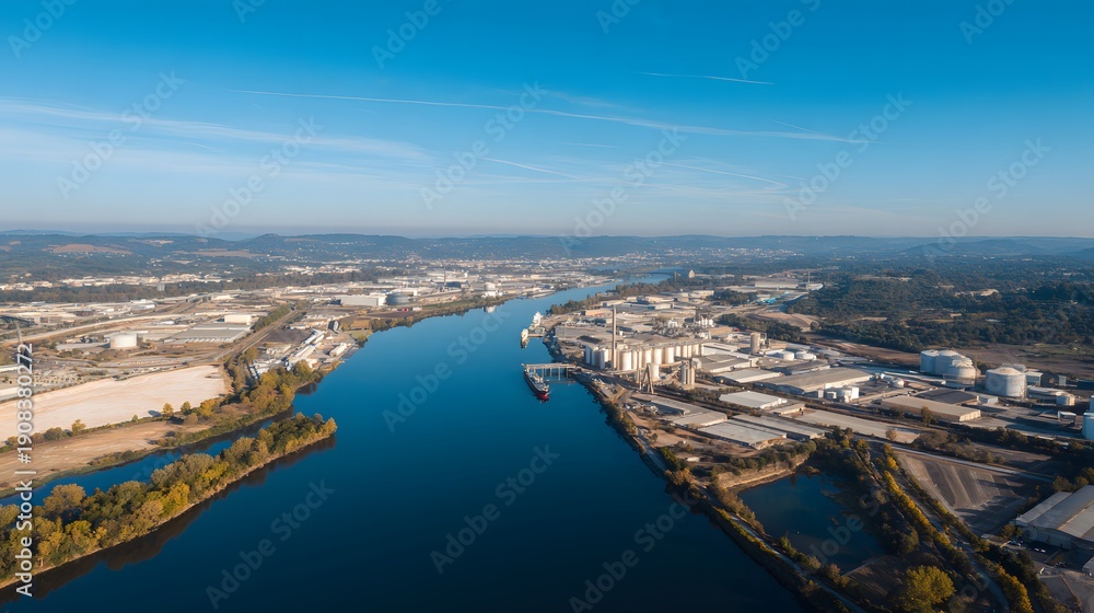 Obraz premium Aerial View of a Busy Industrial Port City on a Clear Day.