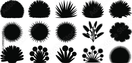 Vector, black, silhouette, illustration, set, of, various, garden, shrubs, bushes, and, ornamental, plants, for, landscaping, nature, park, outdoor, and, backyard, garden, design, elements