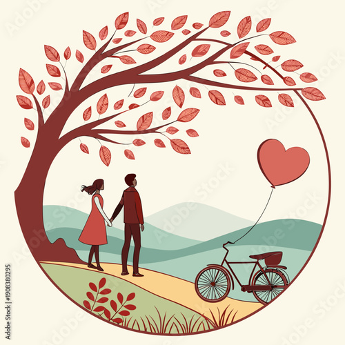 Paper art style vector illustration of a romantic couple holding hands on a cliff with a bicycle and red heart balloon, Valentine's day concept.