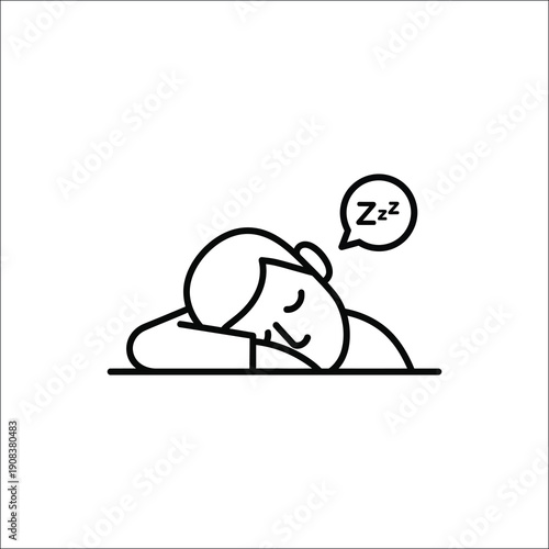 Simple line art icon of a person sleeping or napping on a desk