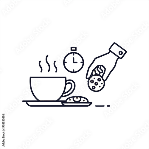 Coffee Break Outline Illustration with Steaming Cup, Hand Taking Cookie, and Clock