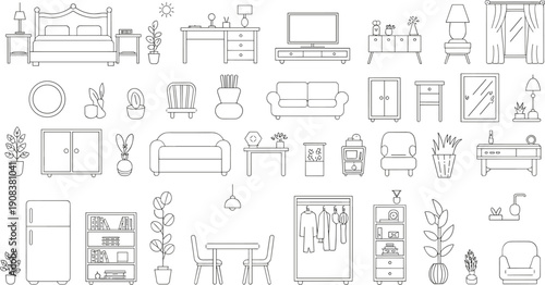 Modern home interior furniture line icons set featuring bedroom living room kitchen decor elements for web design, apps, infographics, and stock illustration