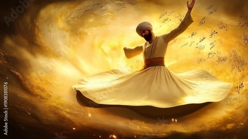 A stylized Sufi dervish dancing in the wind, deep spiritual connection concept