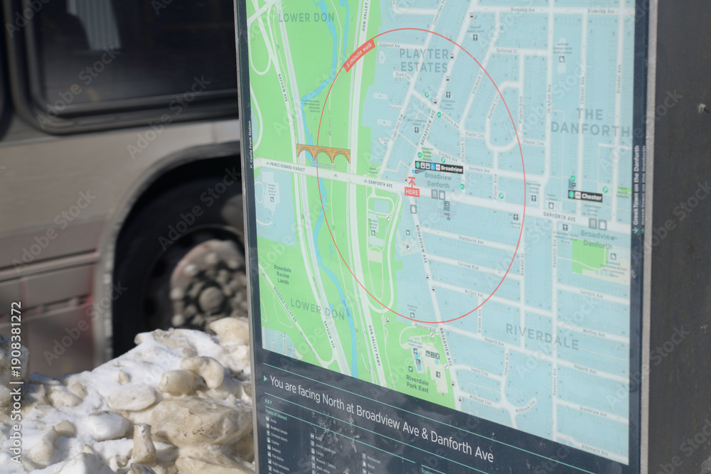 Fototapeta premium map orientation sign facing north Broadview Av and Danforth Av, Toronto