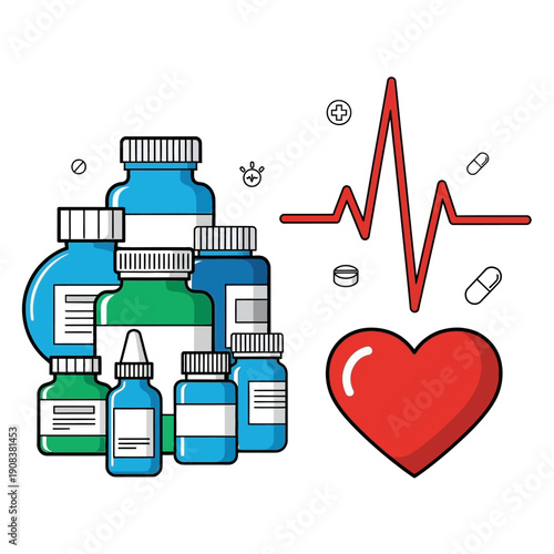 Medical Pills Bottles and Heartbeat Line with Red Heart Symbol