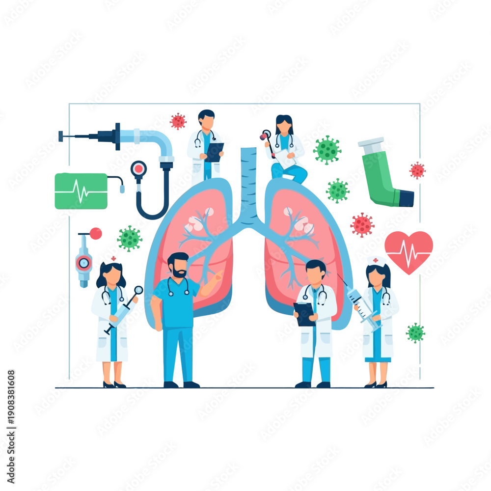 Obraz premium Medical Team Around Lungs: Doctors, Inhaler, Virus, Heartbeat, Syringe