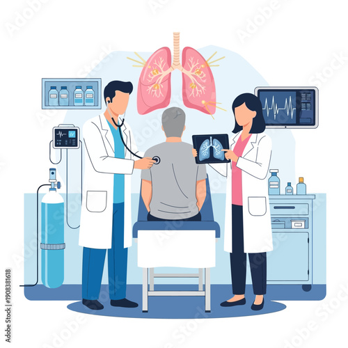 Doctors examining patient's lungs with X-ray and stethoscope in clinic