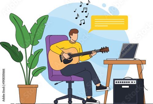 Young man sitting at desk playing acoustic guitar during online music lesson with laptop and amplifier in flat vector