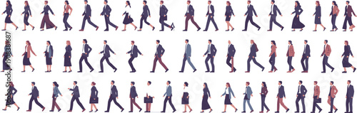 Flat vector silhouettes of business people walking in professional attire, carrying briefcases, commuting, diverse corporate group, office environment, teamwork illustration